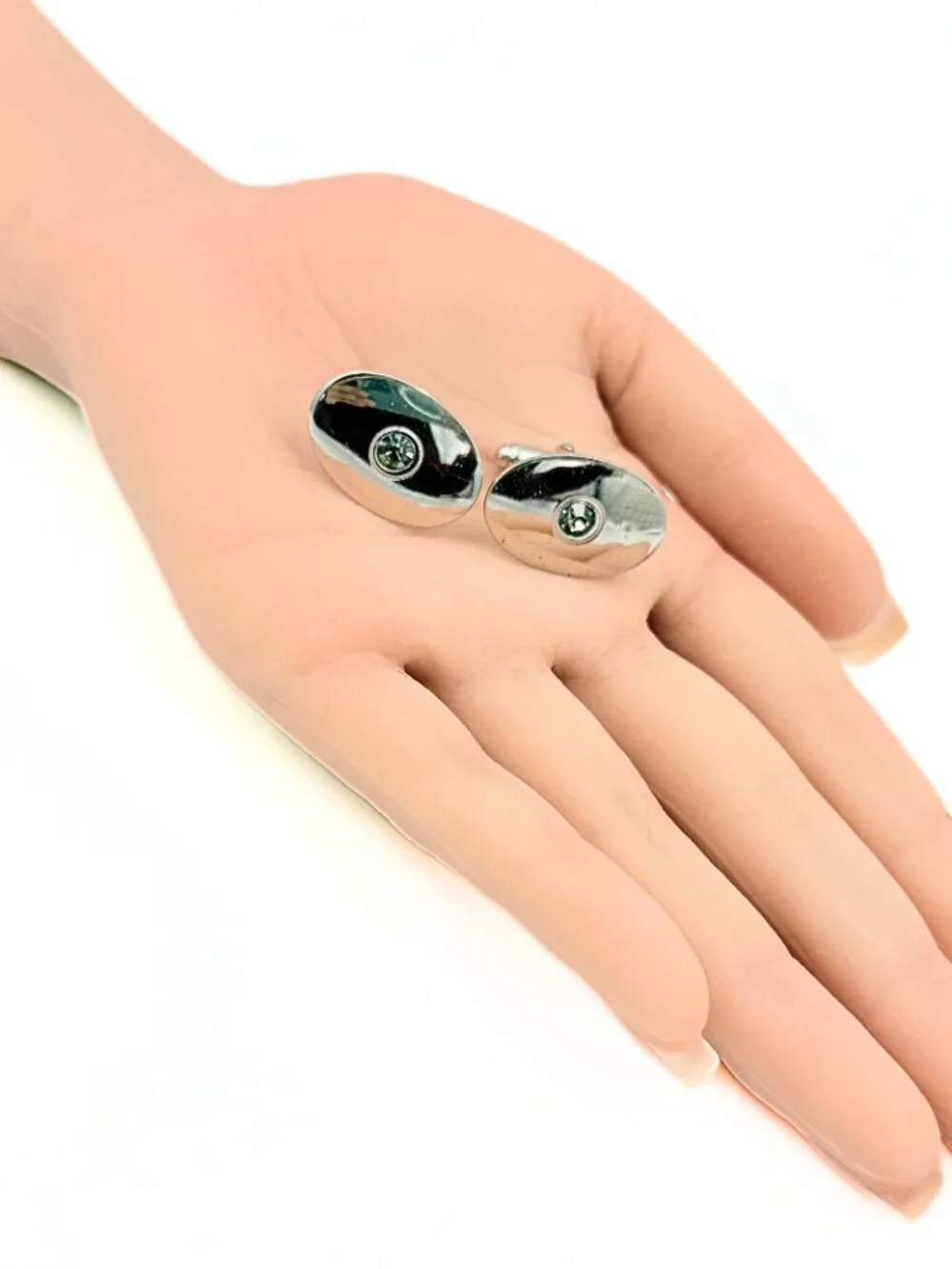 Anson Signed Art Deco Style MCM Silver Plated Rhinestones Minimalist Cufflinks